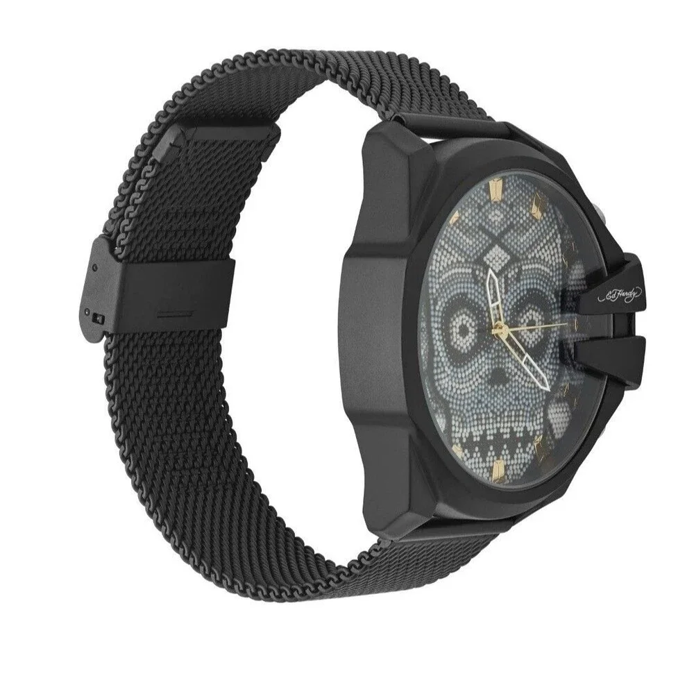 Ed Hardy Singles Men's Beaded Skull 53mm Dial/ Matte Black/White, Metal Band